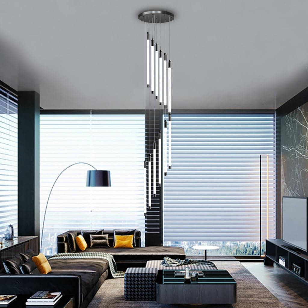 LYSDjia Modern large staircase chandelier LED height adjustable Pendant Light black iron creative high ceiling chic lighting suitable for hotel villa bar lobby decorative Hanging Lamp(Color:Warm light