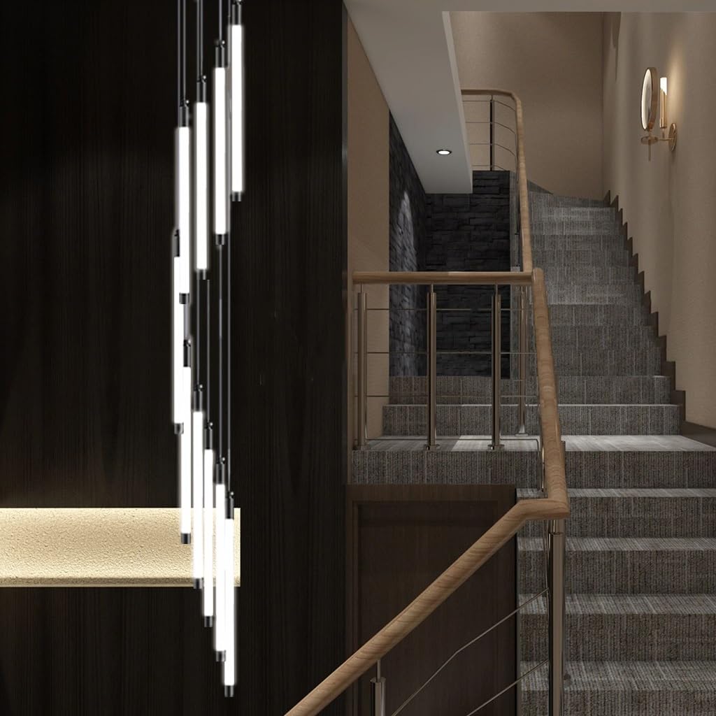 LYSDjia Modern large staircase chandelier LED height adjustable Pendant Light black iron creative high ceiling chic lighting suitable for hotel villa bar lobby decorative Hanging Lamp(Color:Warm light