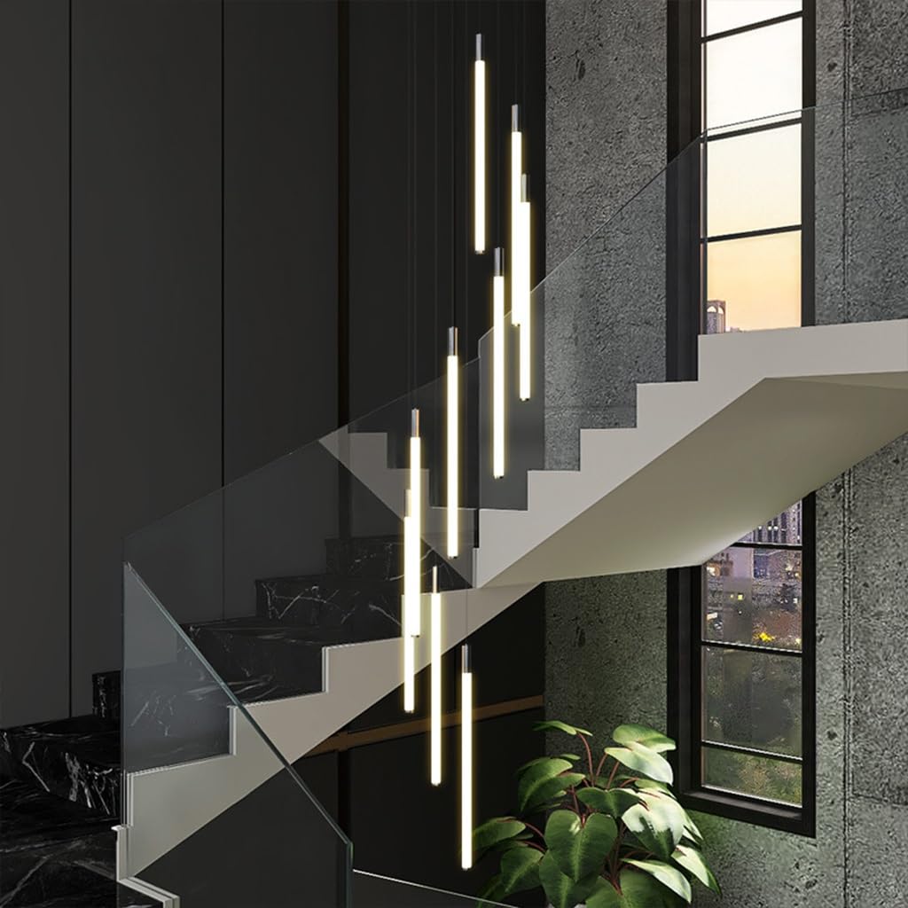 LYSDjia Modern large staircase chandelier LED height adjustable Pendant Light black iron creative high ceiling chic lighting suitable for hotel villa bar lobby decorative Hanging Lamp(Color:Warm light