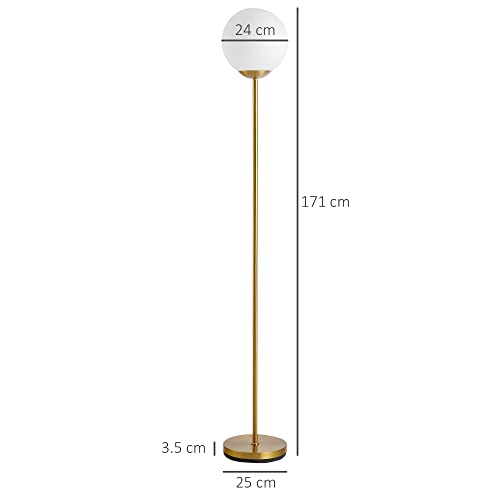HOMCOM 171cm Glass Globe Floor Lamp Metal Frame Sphere Light Pedal Switch Home Office Living Room Modern Unique Standing Beautiful Furnishing - Gold