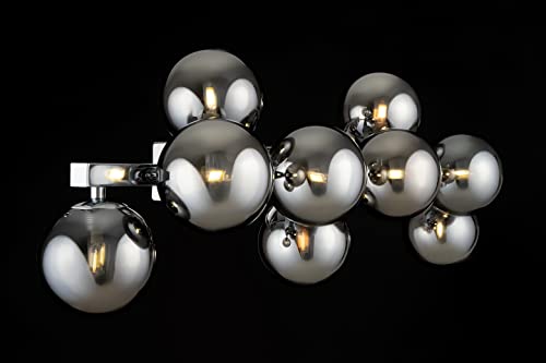 Modern Wall Light, Multi arm, Unusual & Unique, Loft Industrial Design, Metal Silver Frame, 9 Grey Toned Glass lampshades, 9 Lights G9 28W 220-240V, Bulbs not Included
