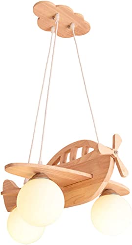 HvKvHvY 3-Light Airplane Ceiling Hanging Lamp LED Kids Pendant Lights for Bedroom Boy Eye-Protection Wood Chandelier with White Globe Large Pendant Light for Girls Bedroom Boy Children Bedroom
