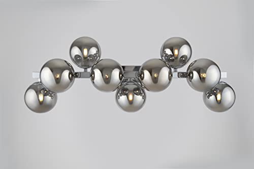 Modern Wall Light, Multi arm, Unusual & Unique, Loft Industrial Design, Metal Silver Frame, 9 Grey Toned Glass lampshades, 9 Lights G9 28W 220-240V, Bulbs not Included