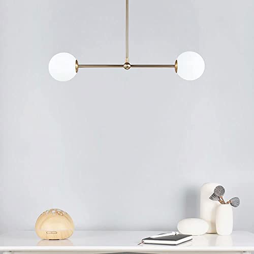 RAGGZZ 2-Lights Gold Mid Century Modern Light White Glass Globe Ceiling Hanging Chandelier Vintage Bubble Industrial Chandelier Sputnik Lighting for Dining Room Kitchen Bedroom