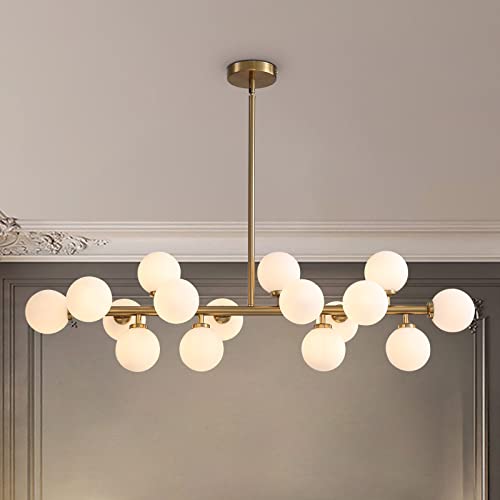 HvKvHvY Modern Sputnik Chandelier Gold- Mid Century Chandelier Sputnik with Globe White Glass Shade Pendant Light Fixture for Living Room Dining Room Bedroom Kitchen