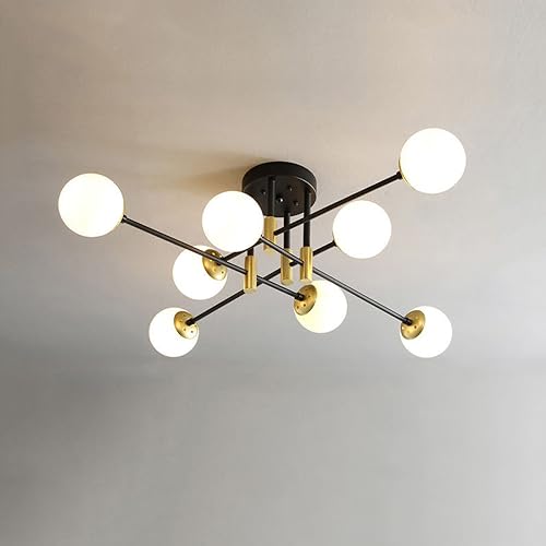 ISSPTYB Mid Century Modern Ceiling Light with Milk Glass Sputnik Bubble Chandelier Gold Black White Frosted Ball Close to Ceiling Lamp for Bedroom Farmhouse Dining Room Kitchen Living Room