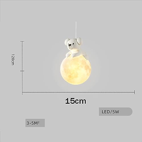 RAGGZZ White Light Kids Room 3D Printing Moon Globe Hanging Ceiling Light Fixture 3-Light Cartoon Cute Bear Led Chandelier for Children Room Boy Girls Bedroom Bedside, 3000K Warm Light/Single