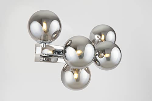 Modern Wall Light, Multi arm, Unusual & Unique, Loft Industrial Design, Metal Silver Frame, 5 Grey Toned Glass lampshades, 5 Lights G9 28W 220-240V, Bulbs not Included