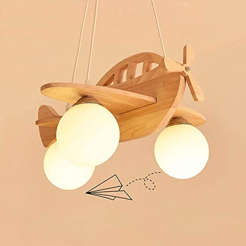 HvKvHvY 3-Light Airplane Ceiling Hanging Lamp LED Kids Pendant Lights for Bedroom Boy Eye-Protection Wood Chandelier with White Globe Large Pendant Light for Girls Bedroom Boy Children Bedroom