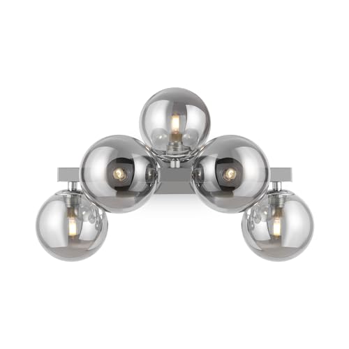 Modern Wall Light, Multi arm, Unusual & Unique, Loft Industrial Design, Metal Silver Frame, 5 Grey Toned Glass lampshades, 5 Lights G9 28W 220-240V, Bulbs not Included