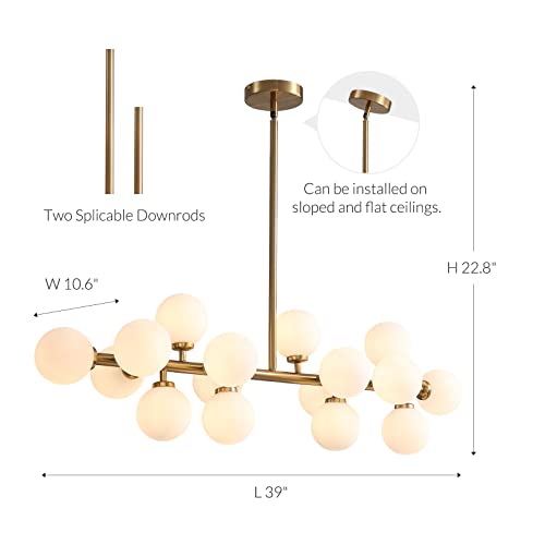 HvKvHvY Modern Sputnik Chandelier Gold- Mid Century Chandelier Sputnik with Globe White Glass Shade Pendant Light Fixture for Living Room Dining Room Bedroom Kitchen