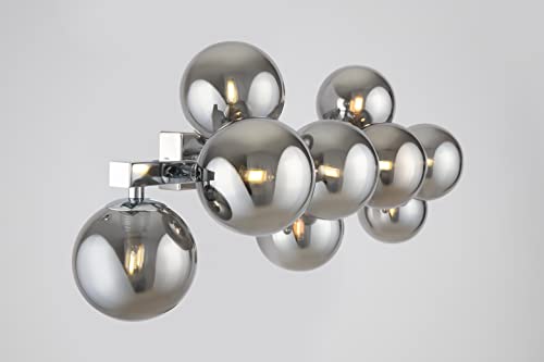 Modern Wall Light, Multi arm, Unusual & Unique, Loft Industrial Design, Metal Silver Frame, 9 Grey Toned Glass lampshades, 9 Lights G9 28W 220-240V, Bulbs not Included