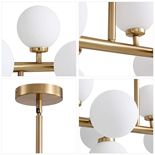 HvKvHvY Modern Sputnik Chandelier Gold- Mid Century Chandelier Sputnik with Globe White Glass Shade Pendant Light Fixture for Living Room Dining Room Bedroom Kitchen