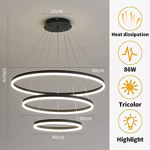 Mikeru Round Three Tier Chandelier, 40+60+80CM Modern Linear Dining Pendant Light with Remote Control 1.5m Cord Length Adjustable 0.1%-100% Dimmable 3000K-6000K for Kitchen, Office