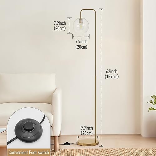 INMOZATA Floor Lamps for Living Room with Glass Lampshade, Reading Tall Lamp for Study, Brass Gold Industrial Standing Floor Lamp for Home Office