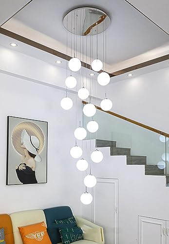 RAGGZZ 15 Glass Balls Staircase Chandelier Long Light White Milk Glass Bubble Chandelier Chrome Farmhouse Gold Ceiling Large Hanging Chandelier for Living Room Foyer Hallway Entryway/Chrome/Tricolor D