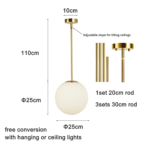 Kaj Hejmo Globe Pendant Lamp Matte White Glass- Mid Century Modern Lighting Fixture Brush Brass Finish- Semi Flush Mount Ceiling Light for Kitchen Living & Dinning Room (25cm)