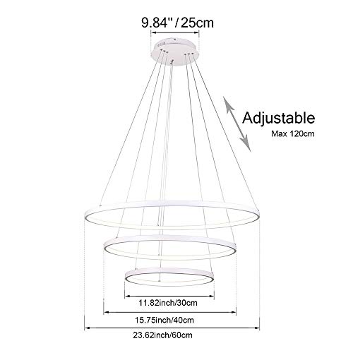 Modern LED Pendant Light, 3 Rings Collection White Paint, Adjustable Hanging Light Chandelier Contemporary Ceiling Light, Dimmable 2700K - 6500K, with Remote Control - 78W