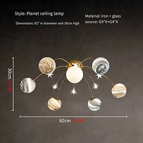 MayNuo Nordic Creative Led Space Planet Ceiling Chandeliers Kids Room Bedroom Flush Mount Ceiling Lamps Warm and Romantic Glass Lustre Decor Ceiling Lighting Fixture/Tricolour Light