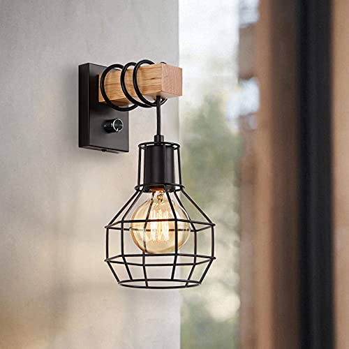 Glighone Industrial Wall Lamp Indoor Cage Wall Lights E27 Vintage Industrial Wall Light with Switch Retro Wooden Wall Lamp Dimmable Black Suitable for Living Room Kitchen Bedroom