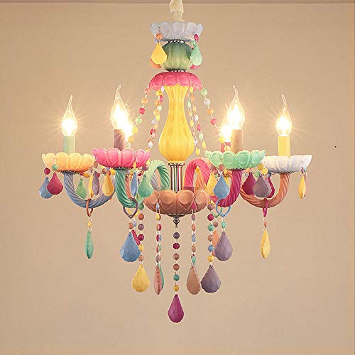 ZenithBeam Colorful Crystal Hanging Chandelier Light Fixture 6 Lights European Girls Room Pendant Ceiling Lighting Candle Chandelier for Girls Bedroom Living Room Dining Room Coffee Shop (Style A)