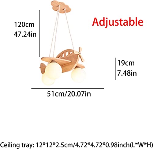 HvKvHvY 3-Light Airplane Ceiling Hanging Lamp LED Kids Pendant Lights for Bedroom Boy Eye-Protection Wood Chandelier with White Globe Large Pendant Light for Girls Bedroom Boy Children Bedroom