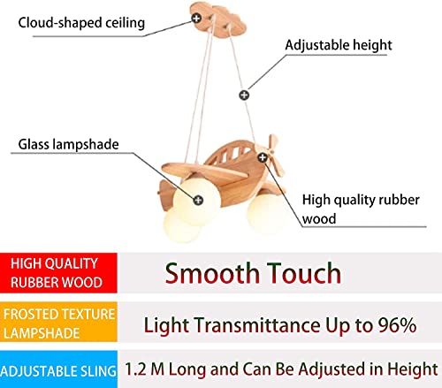 HvKvHvY 3-Light Airplane Ceiling Hanging Lamp LED Kids Pendant Lights for Bedroom Boy Eye-Protection Wood Chandelier with White Globe Large Pendant Light for Girls Bedroom Boy Children Bedroom
