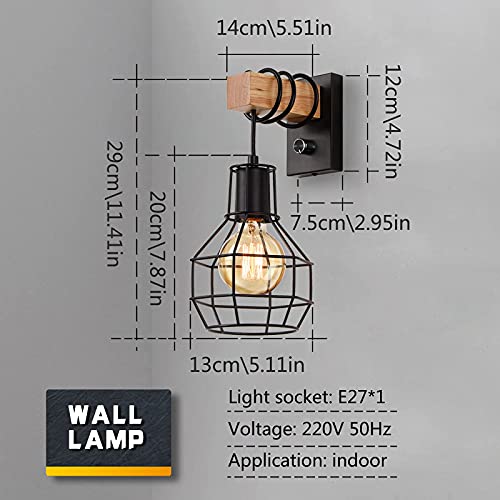Glighone Industrial Wall Lamp Indoor Cage Wall Lights E27 Vintage Industrial Wall Light with Switch Retro Wooden Wall Lamp Dimmable Black Suitable for Living Room Kitchen Bedroom