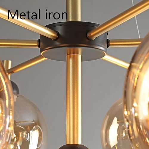 ISSPTYB Mid Century Glass Bubble Round Chandelier 5-Light Black Gold Sputnik Ceiling Pendant Light Farmhouse Gray Amber Ball Industrial Hanging Lamp for Dining Room Kitchen Living Room Bedroom