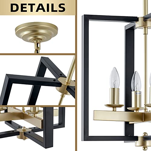 Industrial Lantern Chandelier, 4-Light Modern Geometric Semi Flush Mount Ceiling Light Fixture, Black & Champagne Gold Farmhouse Pendant Lighting Fixtures for Living Room Kitchen Island Hallway Foyer