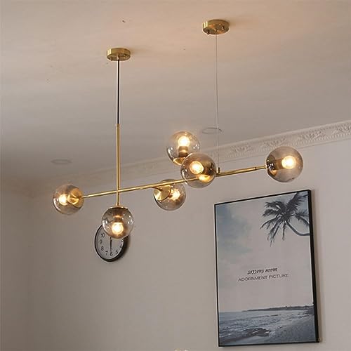 RAGGZZ 6 Light Hanging Glass Globe Chandelier Light Fixture Dining Room Vintage Amber Industrial Light Gold Ball Bubble Hanging Lamp for Living Room Kitchen Bedroom Bar Restaurant