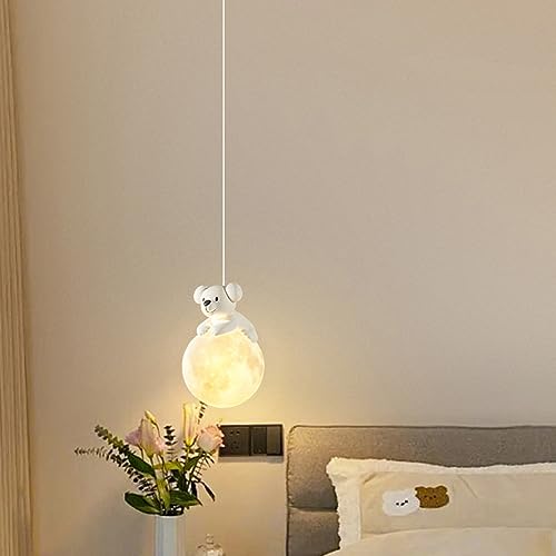RAGGZZ White Light Kids Room 3D Printing Moon Globe Hanging Ceiling Light Fixture 3-Light Cartoon Cute Bear Led Chandelier for Children Room Boy Girls Bedroom Bedside, 3000K Warm Light/Single