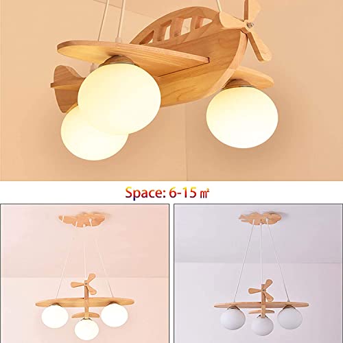 HvKvHvY 3-Light Airplane Ceiling Hanging Lamp LED Kids Pendant Lights for Bedroom Boy Eye-Protection Wood Chandelier with White Globe Large Pendant Light for Girls Bedroom Boy Children Bedroom