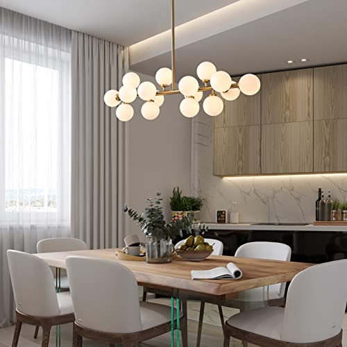 HvKvHvY Modern Sputnik Chandelier Gold- Mid Century Chandelier Sputnik with Globe White Glass Shade Pendant Light Fixture for Living Room Dining Room Bedroom Kitchen