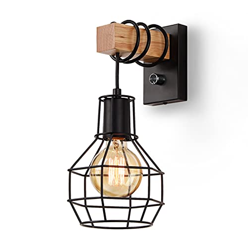Glighone Industrial Wall Lamp Indoor Cage Wall Lights E27 Vintage Industrial Wall Light with Switch Retro Wooden Wall Lamp Dimmable Black Suitable for Living Room Kitchen Bedroom