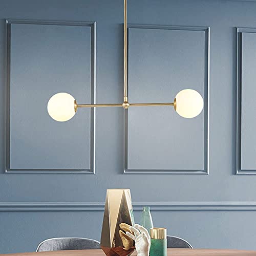 RAGGZZ 2-Lights Gold Mid Century Modern Light White Glass Globe Ceiling Hanging Chandelier Vintage Bubble Industrial Chandelier Sputnik Lighting for Dining Room Kitchen Bedroom