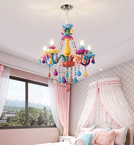 ZenithBeam Colorful Crystal Hanging Chandelier Light Fixture 6 Lights European Girls Room Pendant Ceiling Lighting Candle Chandelier for Girls Bedroom Living Room Dining Room Coffee Shop (Style A)