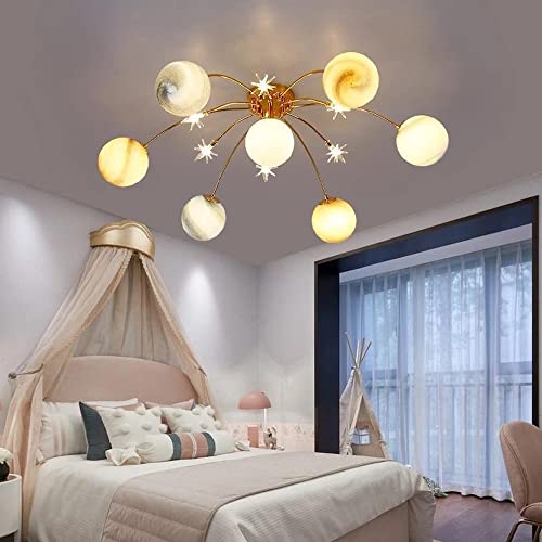 MayNuo Nordic Creative Led Space Planet Ceiling Chandeliers Kids Room Bedroom Flush Mount Ceiling Lamps Warm and Romantic Glass Lustre Decor Ceiling Lighting Fixture/Tricolour Light