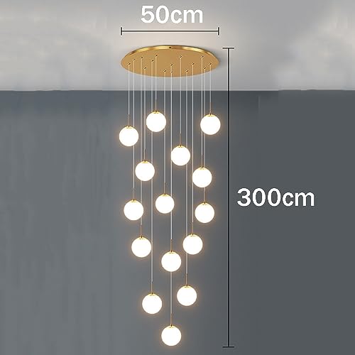 RAGGZZ 15 Glass Balls Staircase Chandelier Long Light White Milk Glass Bubble Chandelier Chrome Farmhouse Gold Ceiling Large Hanging Chandelier for Living Room Foyer Hallway Entryway/Chrome/Tricolor D