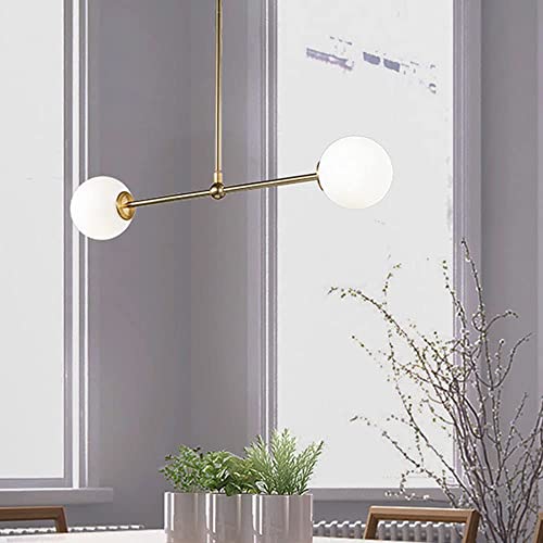 RAGGZZ 2-Lights Gold Mid Century Modern Light White Glass Globe Ceiling Hanging Chandelier Vintage Bubble Industrial Chandelier Sputnik Lighting for Dining Room Kitchen Bedroom