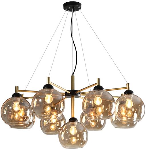ISSPTYB Mid Century Glass Bubble Round Chandelier 5-Light Black Gold Sputnik Ceiling Pendant Light Farmhouse Gray Amber Ball Industrial Hanging Lamp for Dining Room Kitchen Living Room Bedroom