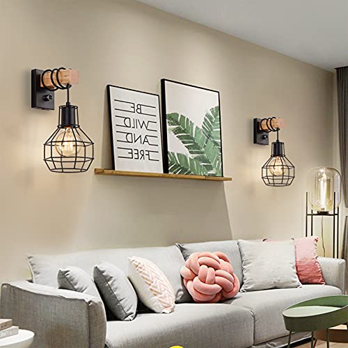 Glighone Industrial Wall Lamp Indoor Cage Wall Lights E27 Vintage Industrial Wall Light with Switch Retro Wooden Wall Lamp Dimmable Black Suitable for Living Room Kitchen Bedroom
