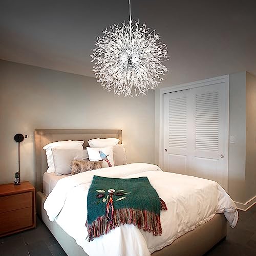 Qamra Modern Chrome Crystal Chandelier,16-Light Firework Pendant Dandelion Chandeliers Sputnik Lights Ceiling for Dining Room, Bedroom, Entry, Kitchen, Living Room