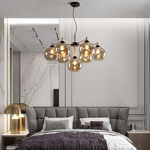 ISSPTYB Mid Century Glass Bubble Round Chandelier 5-Light Black Gold Sputnik Ceiling Pendant Light Farmhouse Gray Amber Ball Industrial Hanging Lamp for Dining Room Kitchen Living Room Bedroom