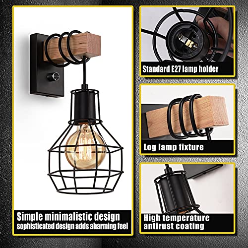 Glighone Industrial Wall Lamp Indoor Cage Wall Lights E27 Vintage Industrial Wall Light with Switch Retro Wooden Wall Lamp Dimmable Black Suitable for Living Room Kitchen Bedroom