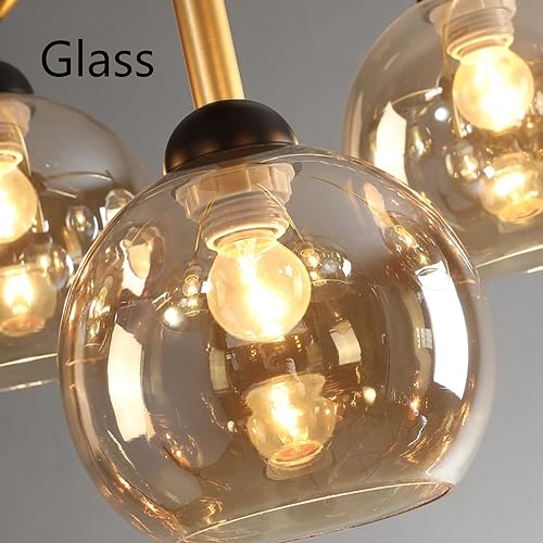 ISSPTYB Mid Century Glass Bubble Round Chandelier 5-Light Black Gold Sputnik Ceiling Pendant Light Farmhouse Gray Amber Ball Industrial Hanging Lamp for Dining Room Kitchen Living Room Bedroom