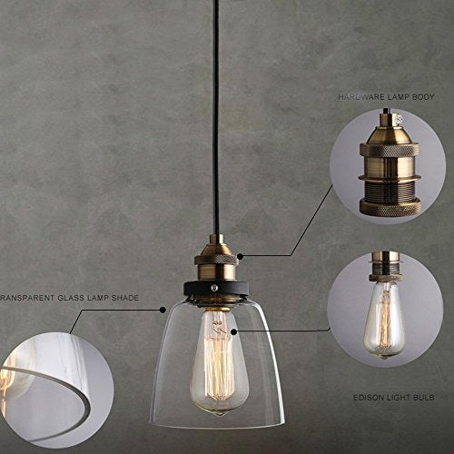 Lampop Pendant Light Industrial Ceiling Lamp Glass Shade Retro Lighting Vintage Hanging Lamp Chrome Base E27 Chandelier for Kitchen Dining Room Loft Bedroom Cafe Bar Restaurant, Transparent