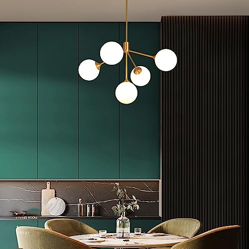 ISSPTYB Brass 5 Lights Gold Globe Pendant Light Glass Ball Chandelier for Living Room Dining Room Linear Pendant Lamp Sputnik Bubble Hanging Ceiling Lighting for Kitchen Island Bedroom Farmhouse