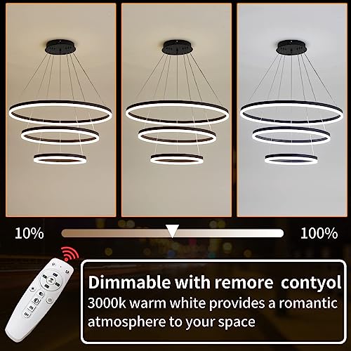 Mikeru Round Three Tier Chandelier, 40+60+80CM Modern Linear Dining Pendant Light with Remote Control 1.5m Cord Length Adjustable 0.1%-100% Dimmable 3000K-6000K for Kitchen, Office