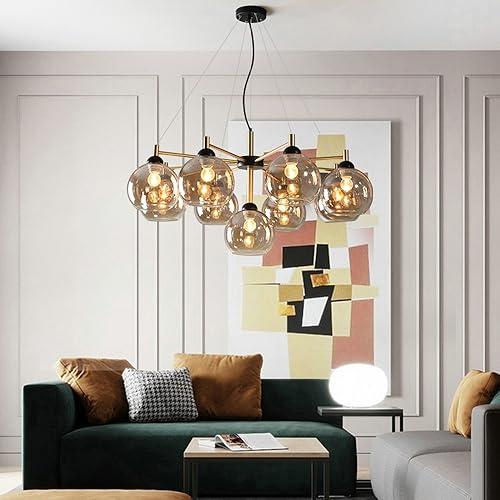 ISSPTYB Mid Century Glass Bubble Round Chandelier 5-Light Black Gold Sputnik Ceiling Pendant Light Farmhouse Gray Amber Ball Industrial Hanging Lamp for Dining Room Kitchen Living Room Bedroom